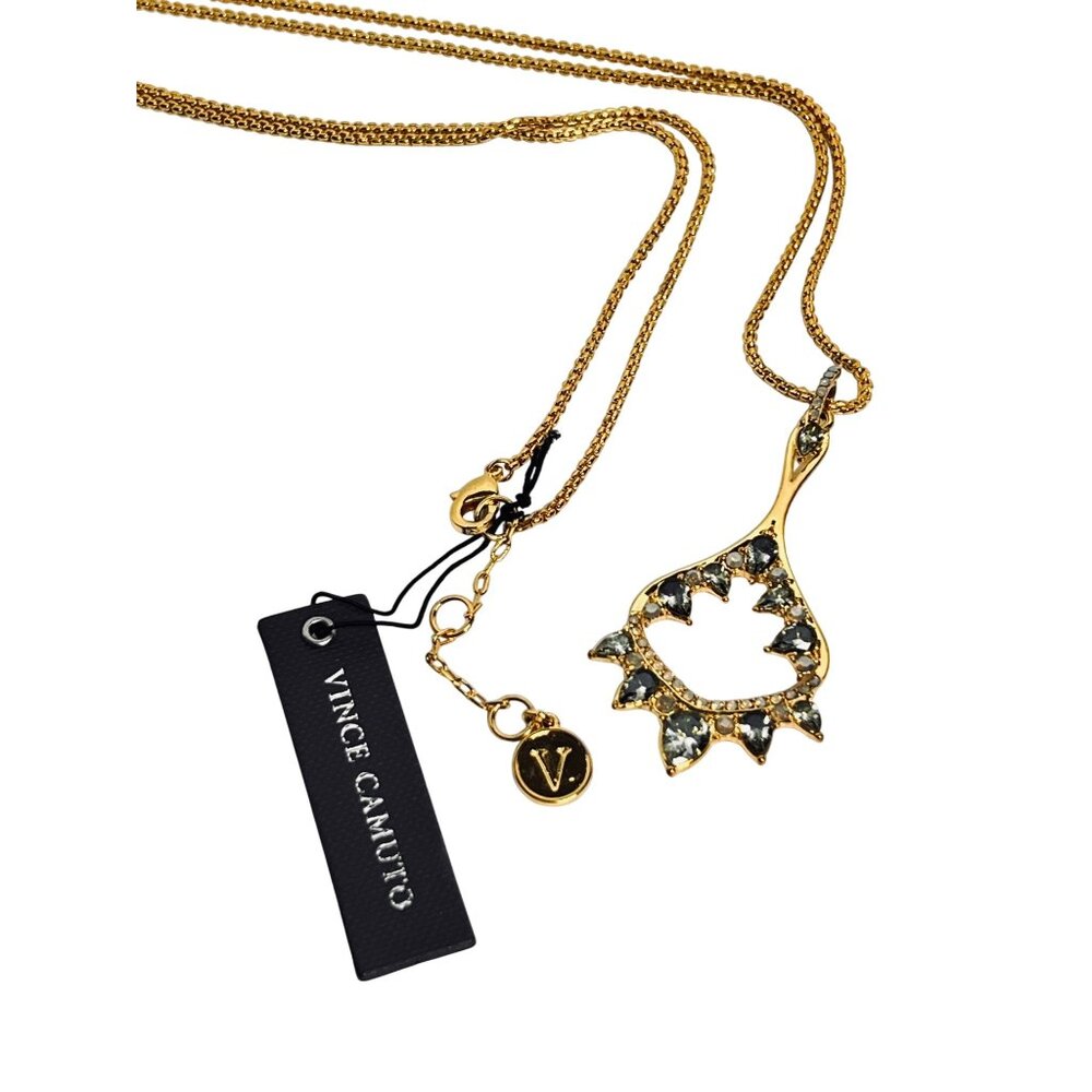 Vince Camuto Gold Tone Necklace With Green And Opaque Rhinestones Pendant (6267) - Picture 5 of 7